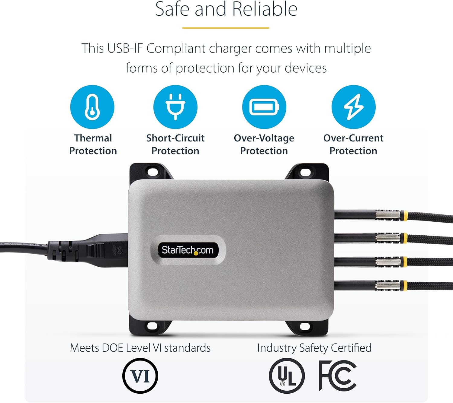 StarTech.com 4-Port Multi-Device USB-C Charger with Cable Lock and Screw-Locking 6ft (2m) USB-C Charging Cable, 240W Total