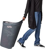 MIND READER 60L Rolling Laundry Hamper, Wicker-Style Plastic, Wheels