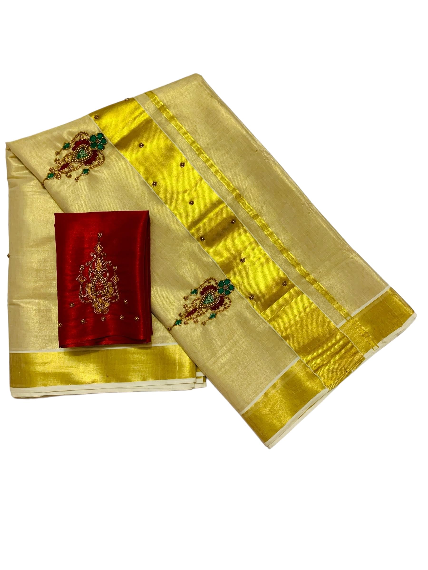 Kuthampully Kerala Kasavu Sarees For Women | Handcrafted Aari work Kerala Sarees | Tissue Onam Saree With Running Blouse | South Indian Sarees | Onam Saree EKM-837 (Maroon)