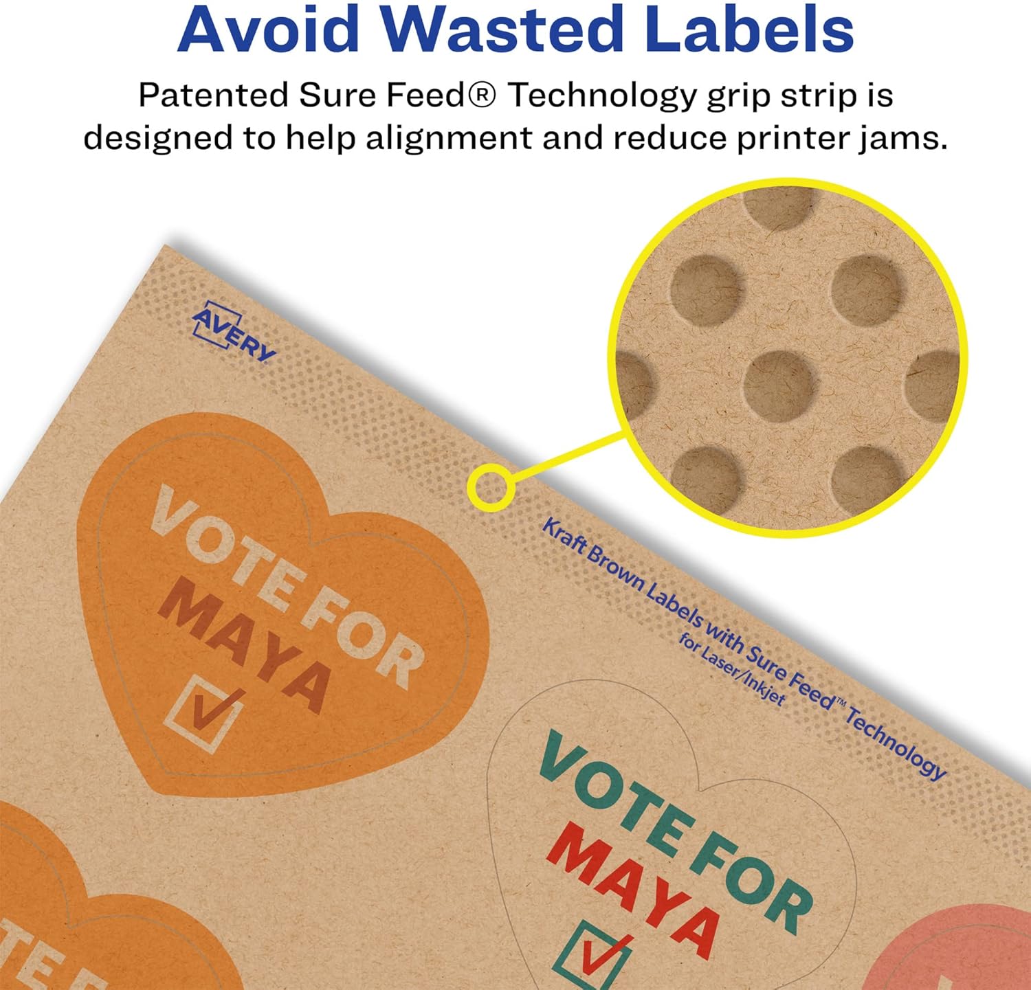 Avery Kraft Brown Heart Labels, Sure Feed Technology, 2-9/32" x 1-27/32", 180 Kraft Brown Labels, Print-to-The-Edge