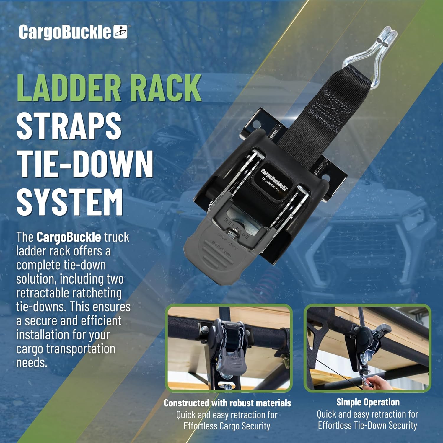 CargoBuckle F18816 Ladder Rack Tie-Down System, Square Mount Self Retracting Ratchet Straps for Trucks