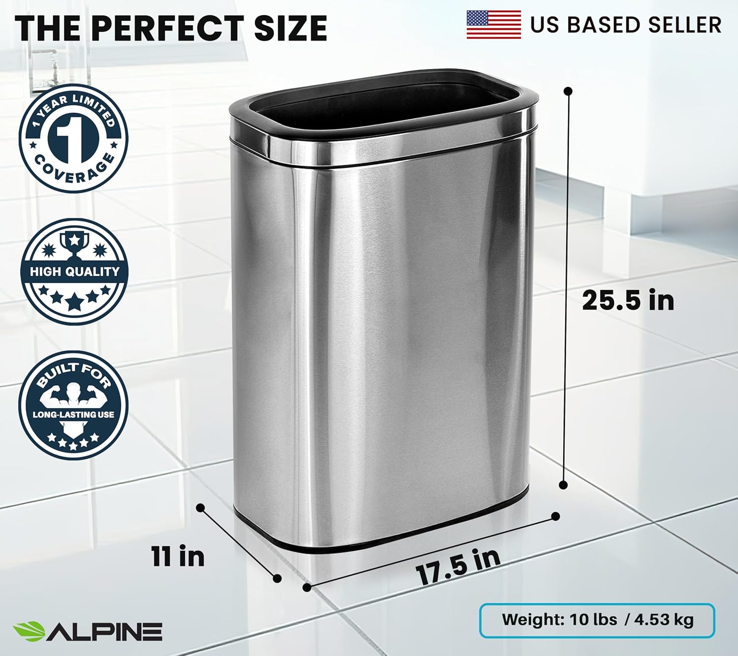 Alpine Stainless Steel Open Top Trash Can 10.5 Gallon - 40L Garbage Can for Kitchen, Bathroom, Office & More with Removable Bin, Brushed Nickel Finish, Space-Saving Slim Modern Design