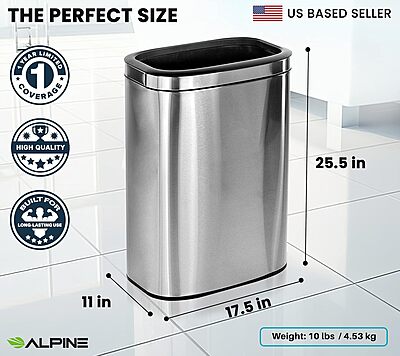 Alpine Stainless Steel Open Top Trash Can 10.5 Gallon - 40L Garbage Can for Kitchen, Bathroom, Office & More with Removable Bin, Brushed Nickel Finish, Space-Saving Slim Modern Design