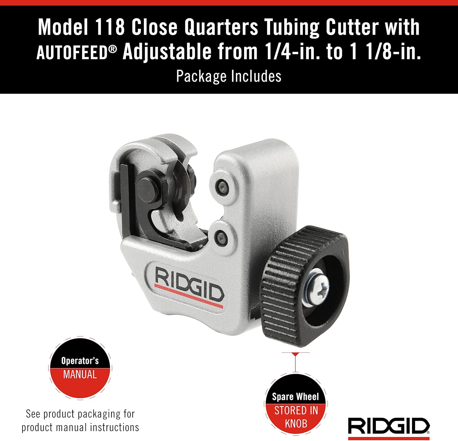 RIDGID 86127 Model 118 Close Quarters AUTOFEED 1/4" to 1-1/8" Copper, Aluminum, Brass, and Plastic Tubing Cutter