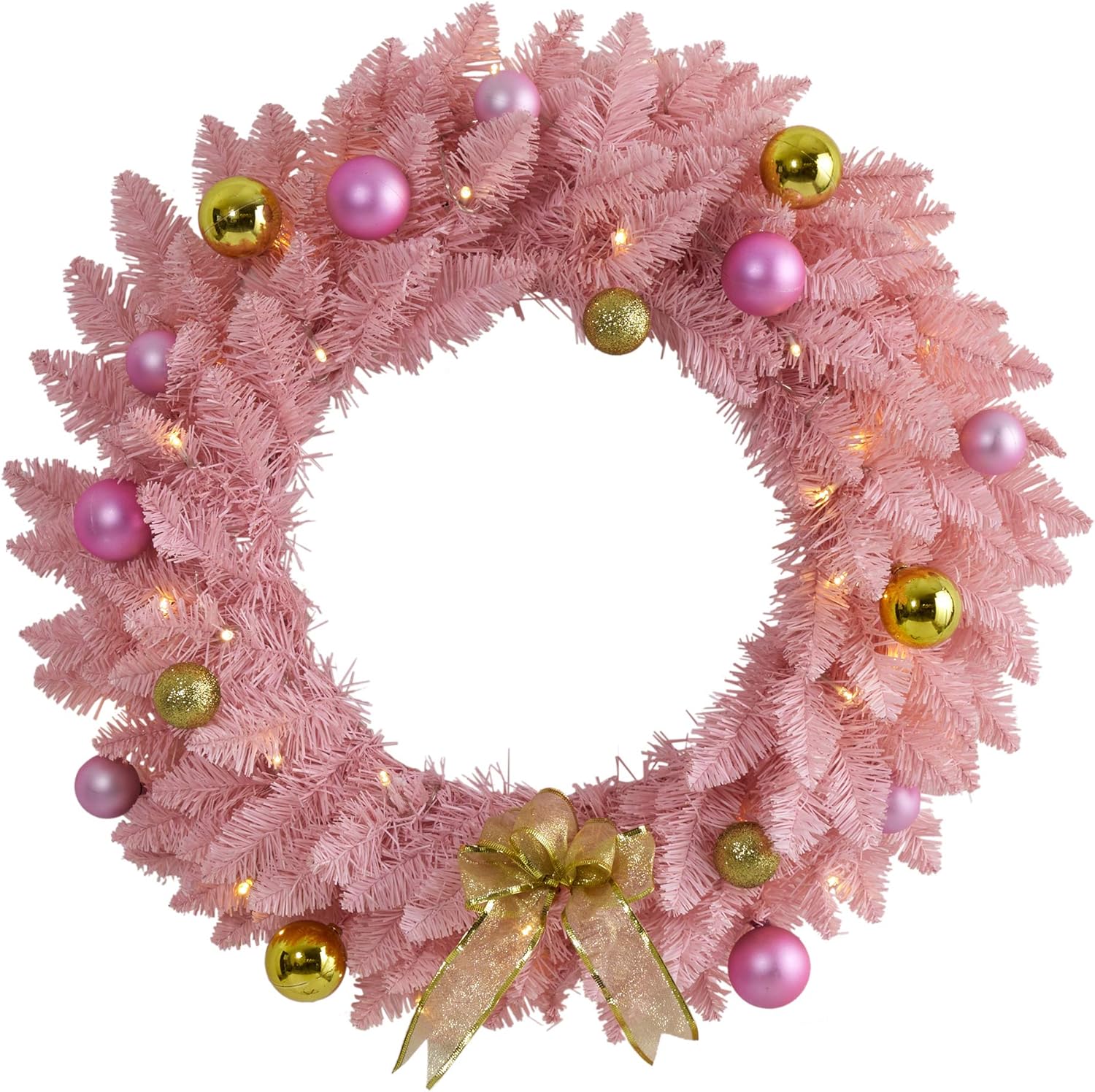 Nearly Natural 24in. Pink Artificial Christmas Wreath with 35 LED Lights and Ornaments