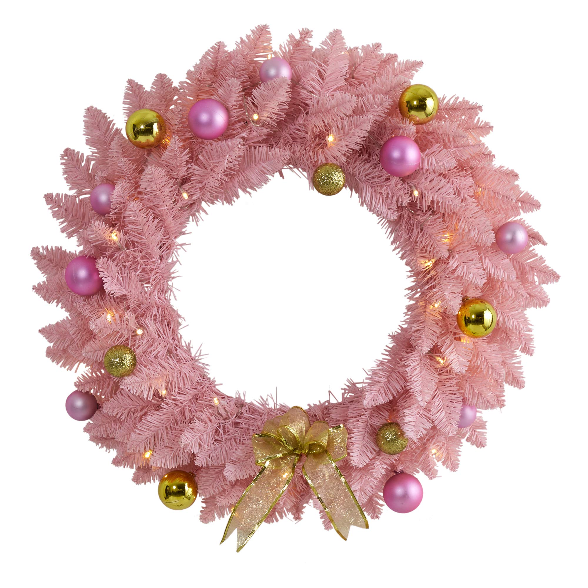 Nearly Natural 24in. Pink Artificial Christmas Wreath with 35 LED Lights and Ornaments