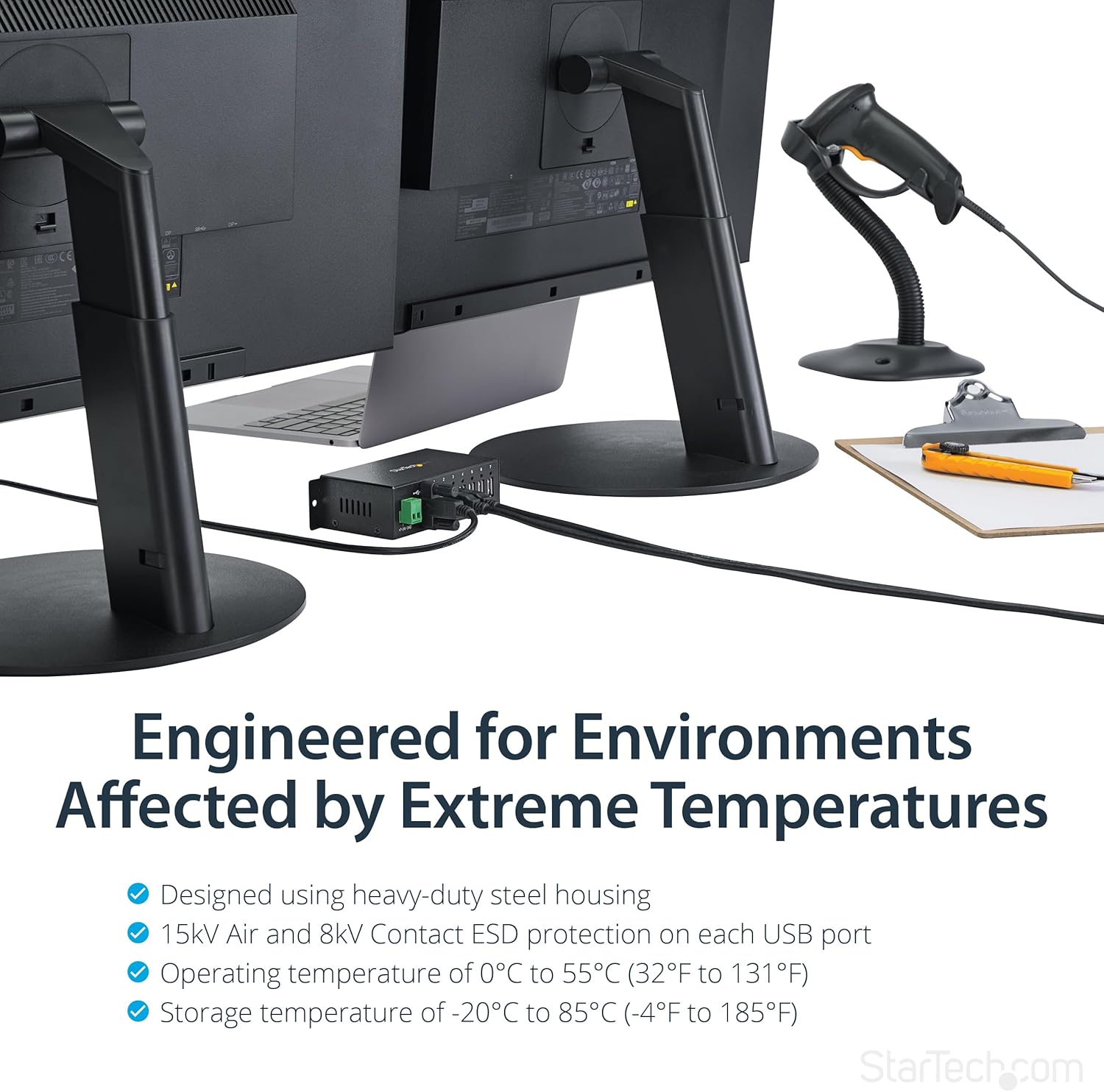 StarTech.com 7-Port USB 2.0 Hub - Metal Industrial USB-A Hub with ESD Protection & 350W Surge Protection - Din Rail