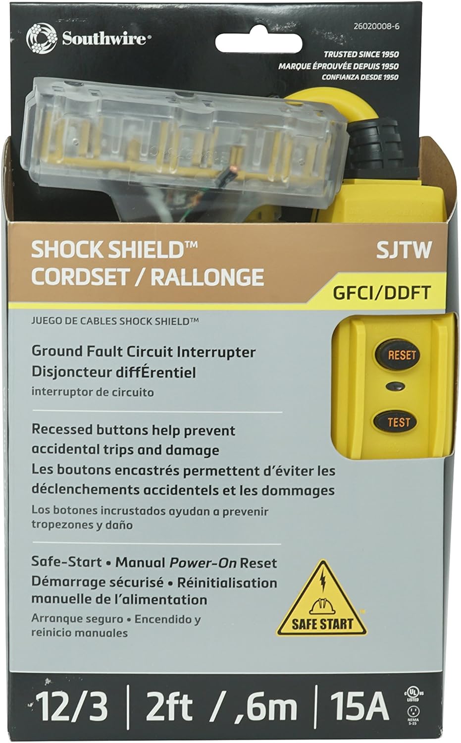 TRC 26020008-6 12/3 Gauge Shockshield GFCI Protected In-line Tri-Cord Set with 3-Outlets; 2-Feet; 15-Amp; Yellow 1 Pack