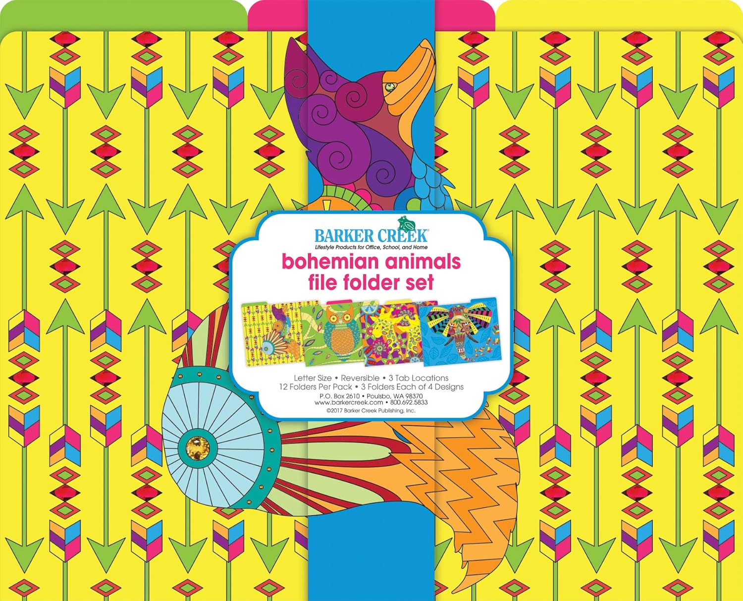 BARKER CREEK Designer File Folders Set of 12, Boho Animals, Multi-Design, Bohemian on Outside, Solid Colors on Inside