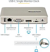 StarTech.com USB C Dock - USB-C to DisplayPort 4K 30Hz or VGA - 65W USB Power Delivery Charging - 4-Port USB 3.1 Gen 1 Hub