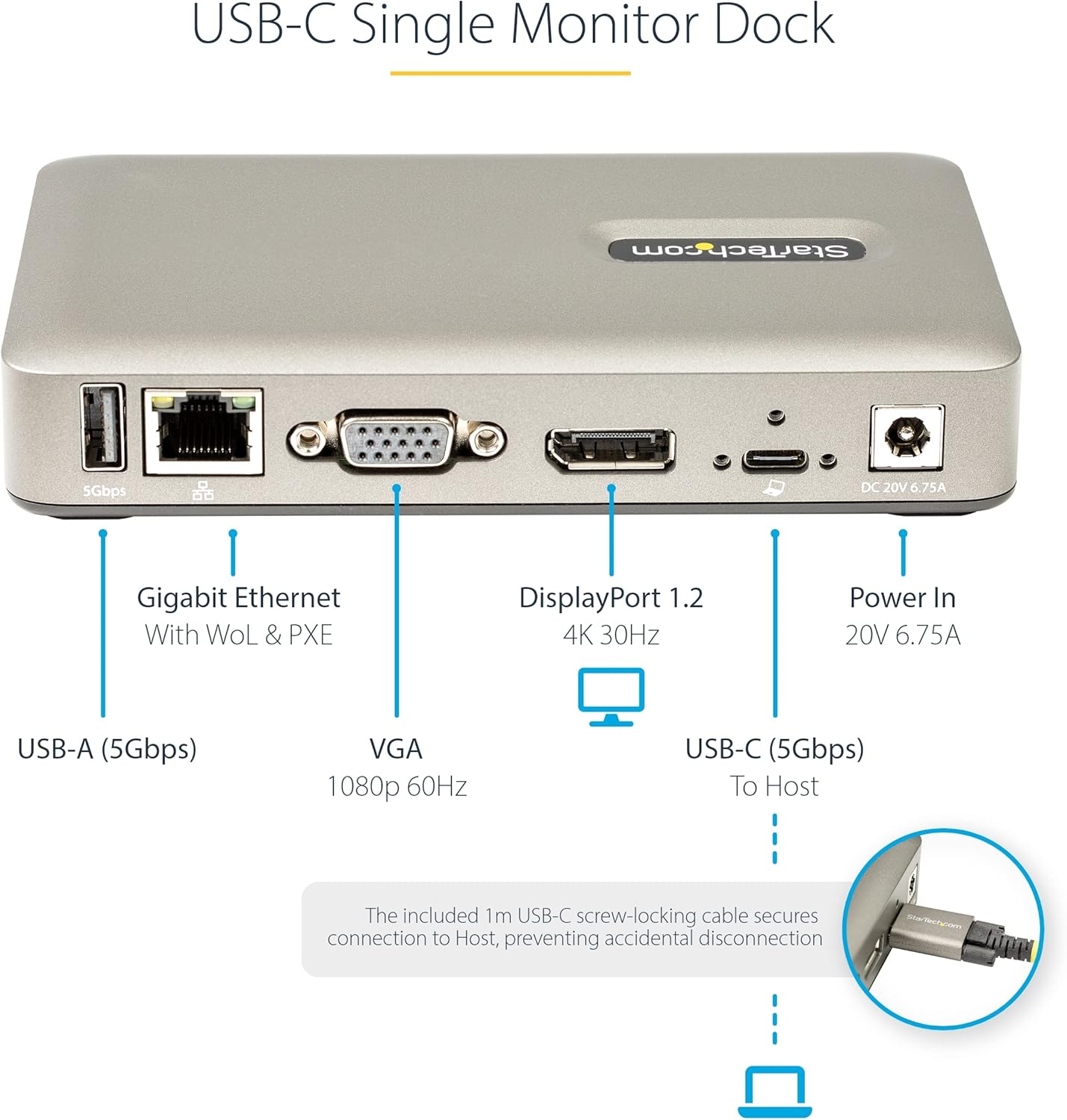 StarTech.com USB C Dock - USB-C to DisplayPort 4K 30Hz or VGA - 65W USB Power Delivery Charging - 4-Port USB 3.1 Gen 1 Hub