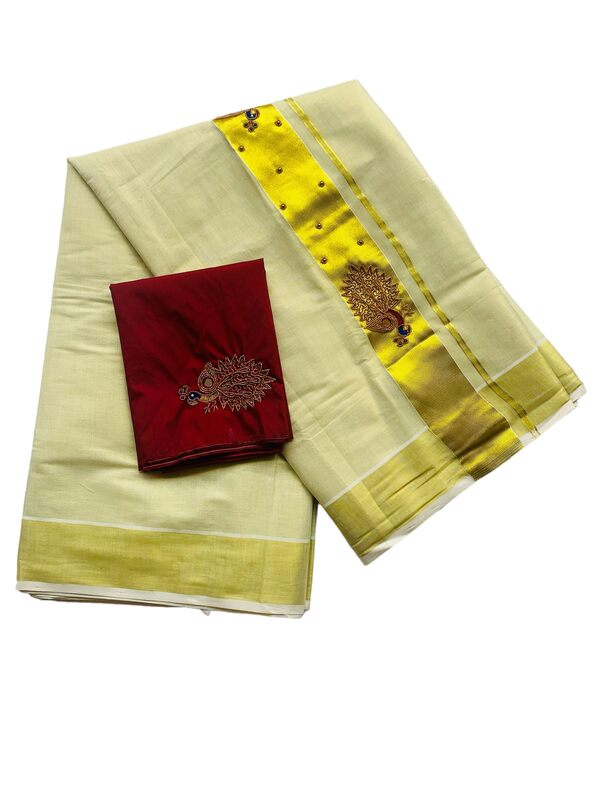 Kuthampully Kerala Kasavu Saree Tissue | Traditional South Indian Saree | Designer Indian Saree | Onam Saree - EKM-780-Maroon