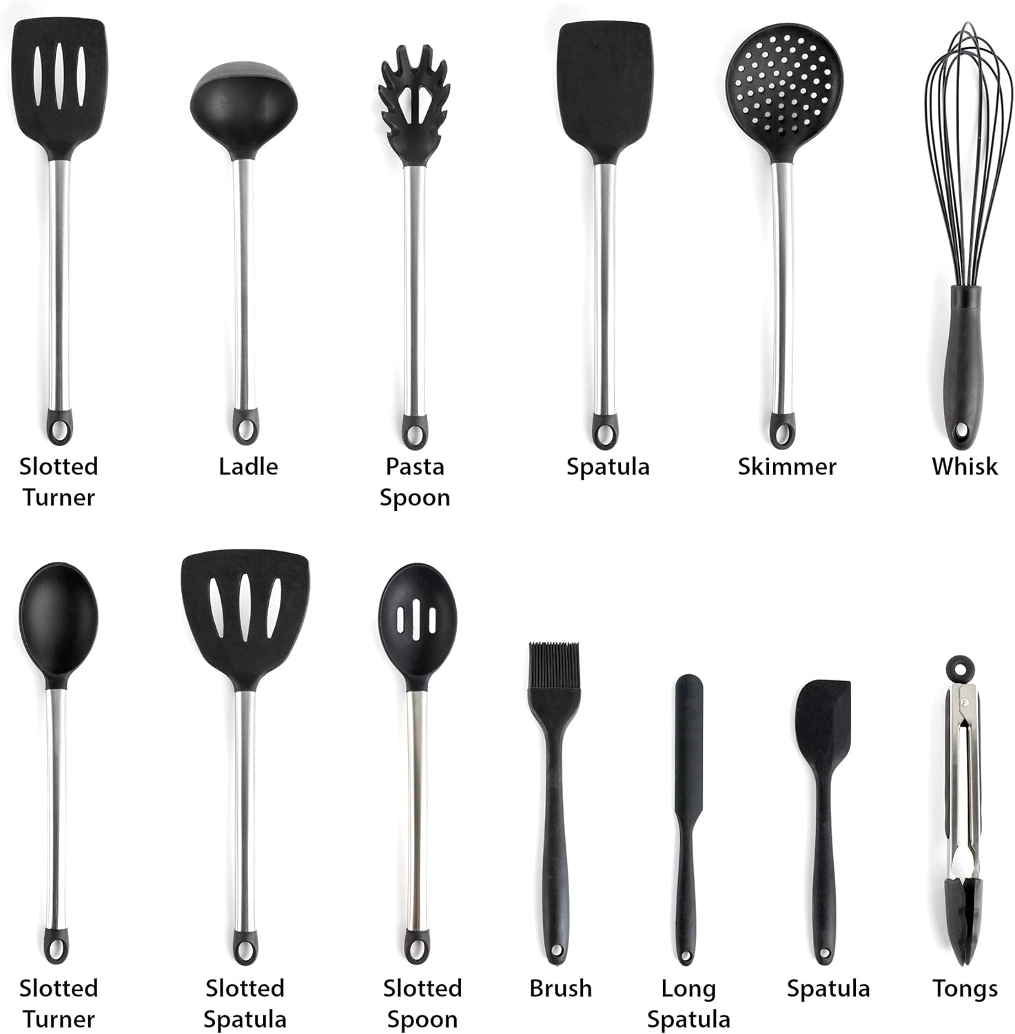 MegaChef Tool Black Utensil Set, 14 Piece, Gray and Stainless Steel