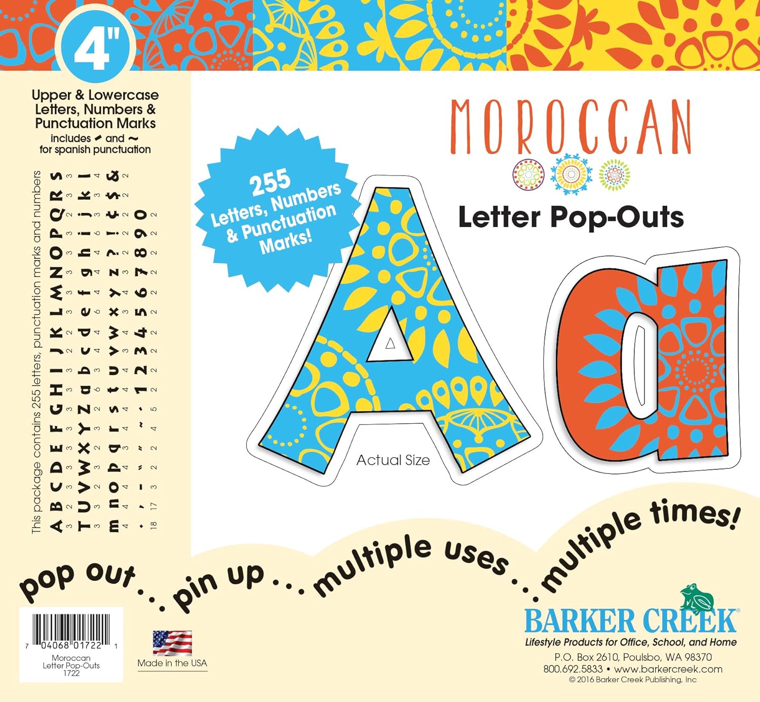 Barker Creek 255-Piece Moroccan Letter Pop-Outs, Multicolor 4” Letters, Numbers & Punctuation Marks, for Classrooms, Offices