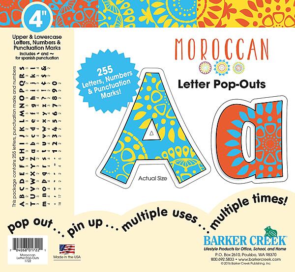Barker Creek 255-Piece Moroccan Letter Pop-Outs, Multicolor 4” Letters, Numbers & Punctuation Marks, for Classrooms, Offices, Presentations, Home and More (1722)