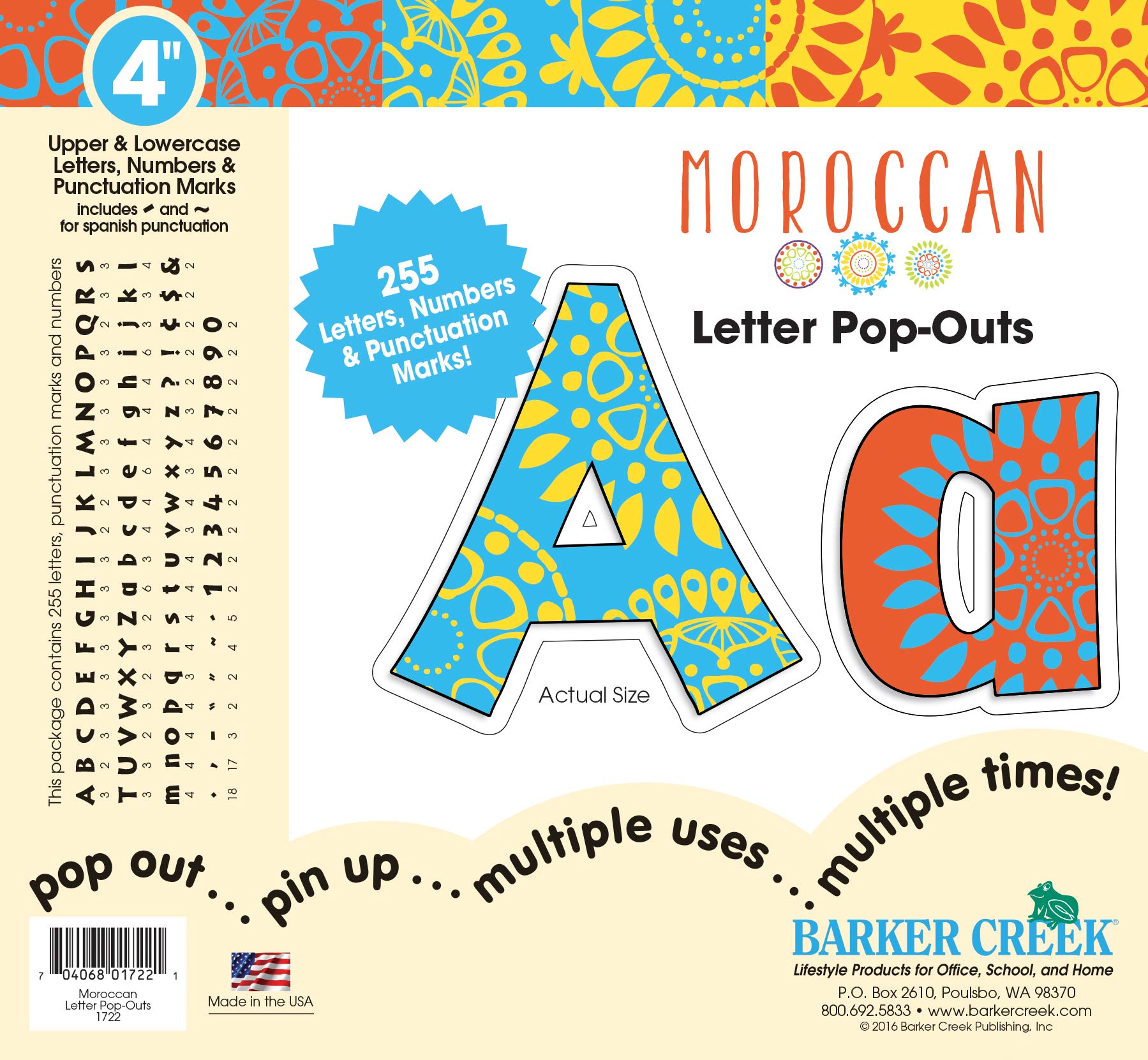Barker Creek 255-Piece Moroccan Letter Pop-Outs, Multicolor 4” Letters, Numbers & Punctuation Marks, for Classrooms, Offices