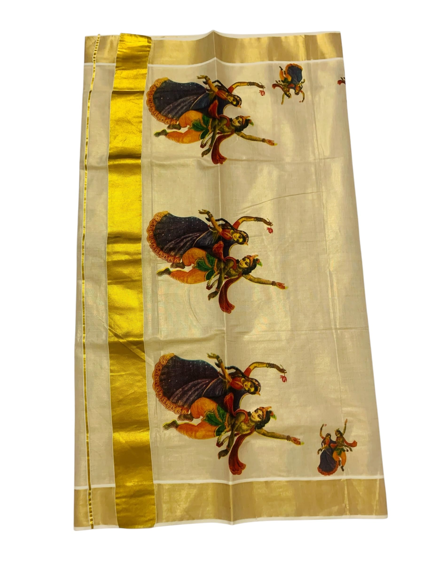 Kuthampully Kerala Kasavu Saree Tissue Mural Painted | Traditional South Indian Saree | Onam Saree - Multi Color BOM-656