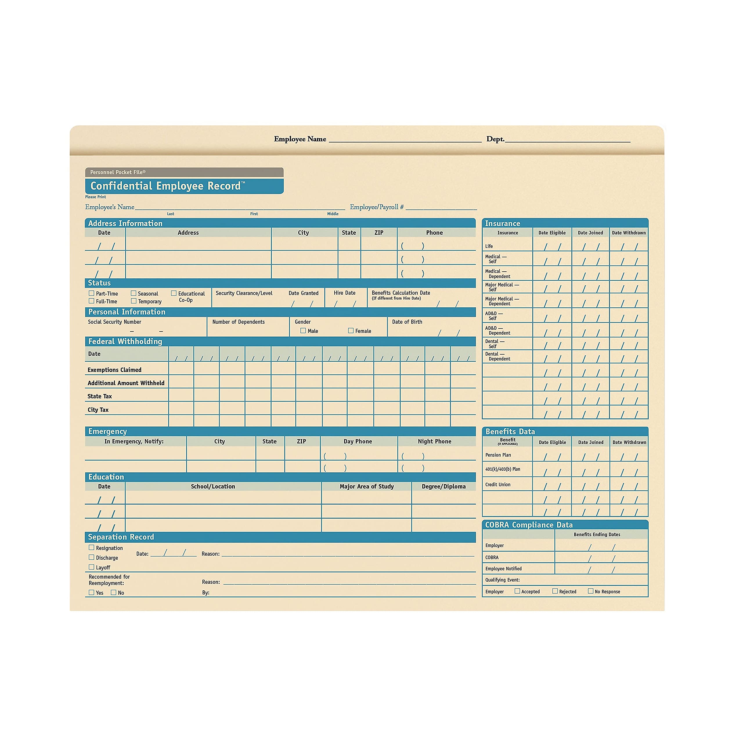 ComplyRight Personnel Pocket File Folder, 11.75 x 9.5 in, Pack of 25 (A1202)