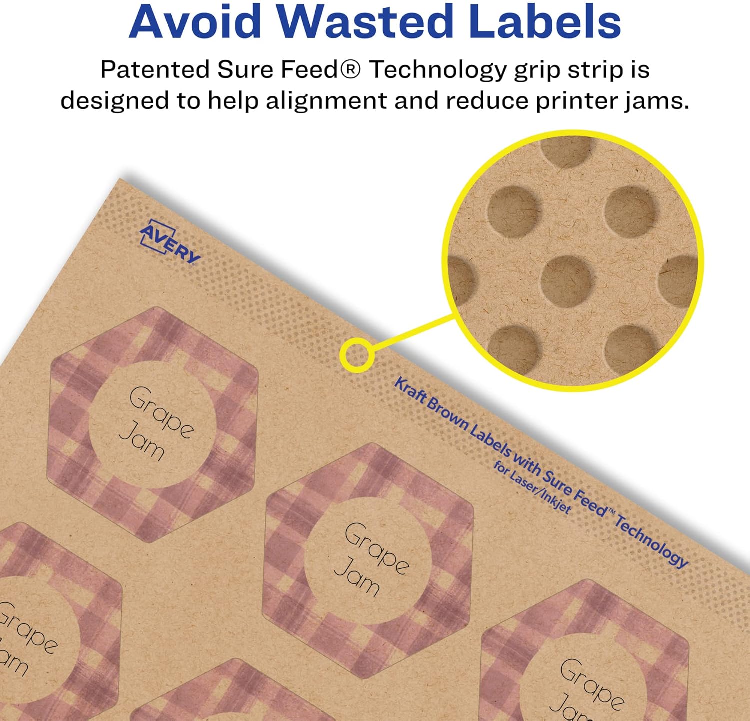 Avery Kraft Brown Hexagon Labels, Sure Feed Technology, 1-1/2" x 1-47/54", 300 Kraft Brown Labels, Print-to-The-Edge