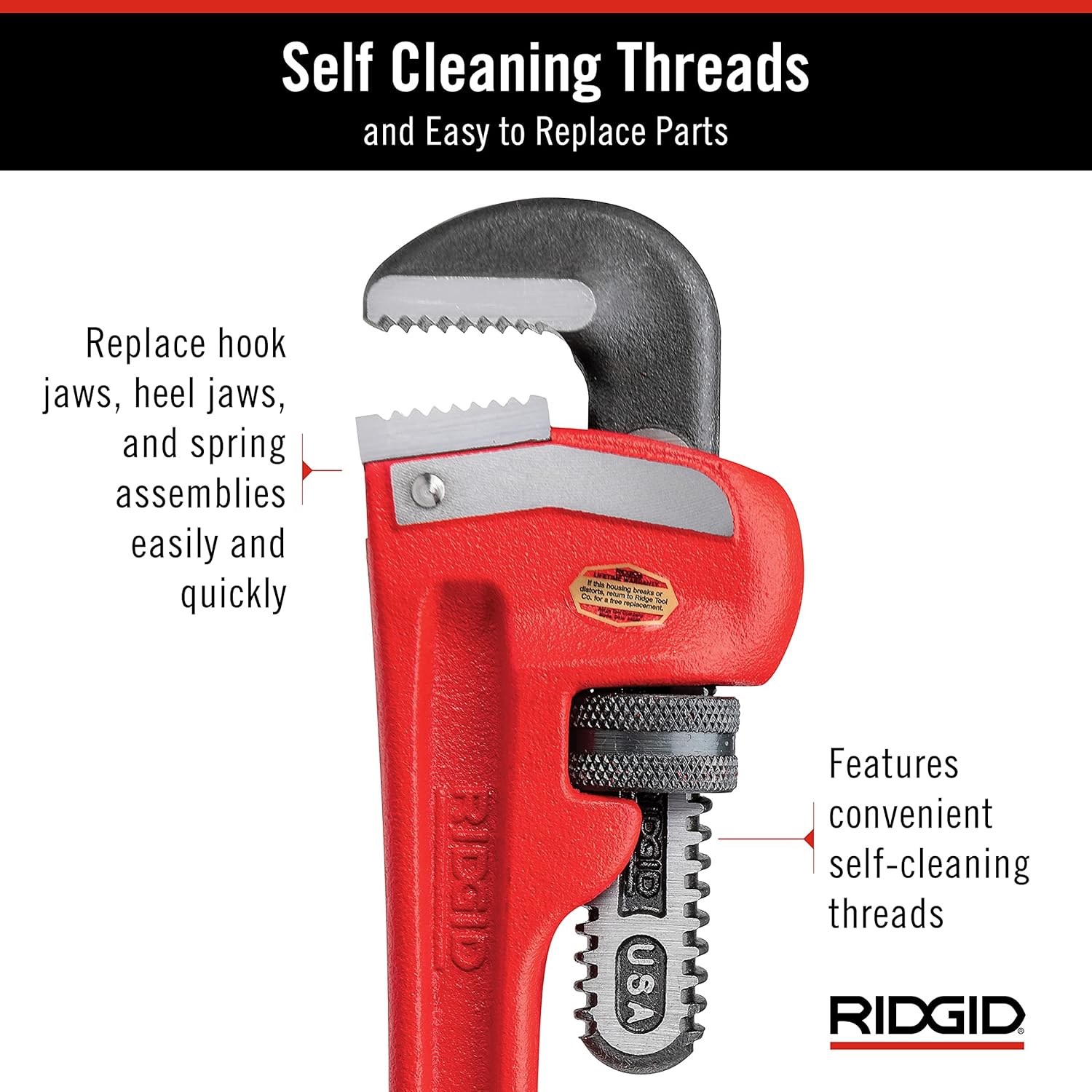 RIDGID 31010 Model 10 Heavy-Duty Straight Pipe Wrench, 10-inch Plumbing Wrench, Red, Black