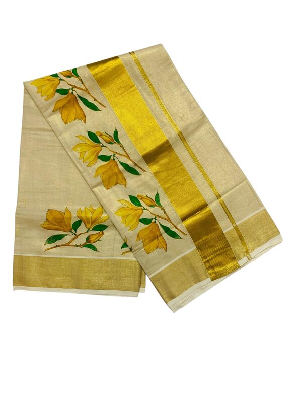 Kuthampully Kerala Kasavu Saree Tissue Mural Painted | Traditional South Indian Saree | Kerala Saree | Onam Saree - Multi Color - KTM-862