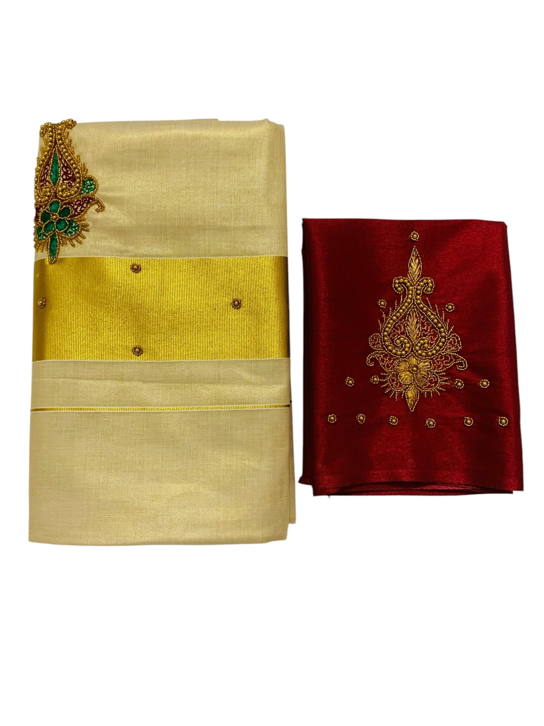 Kuthampully Kerala Kasavu Sarees For Women | Handcrafted Aari work Kerala Sarees | Tissue Onam Saree With Running Blouse | South Indian Sarees | Onam Saree EKM-836 (Maroon)