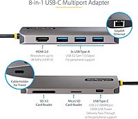 STARTECH.COM USB-C Multiport Adapter and Dock with 4K HDMI, Gigabit Ethernet, SD and USB 3.0