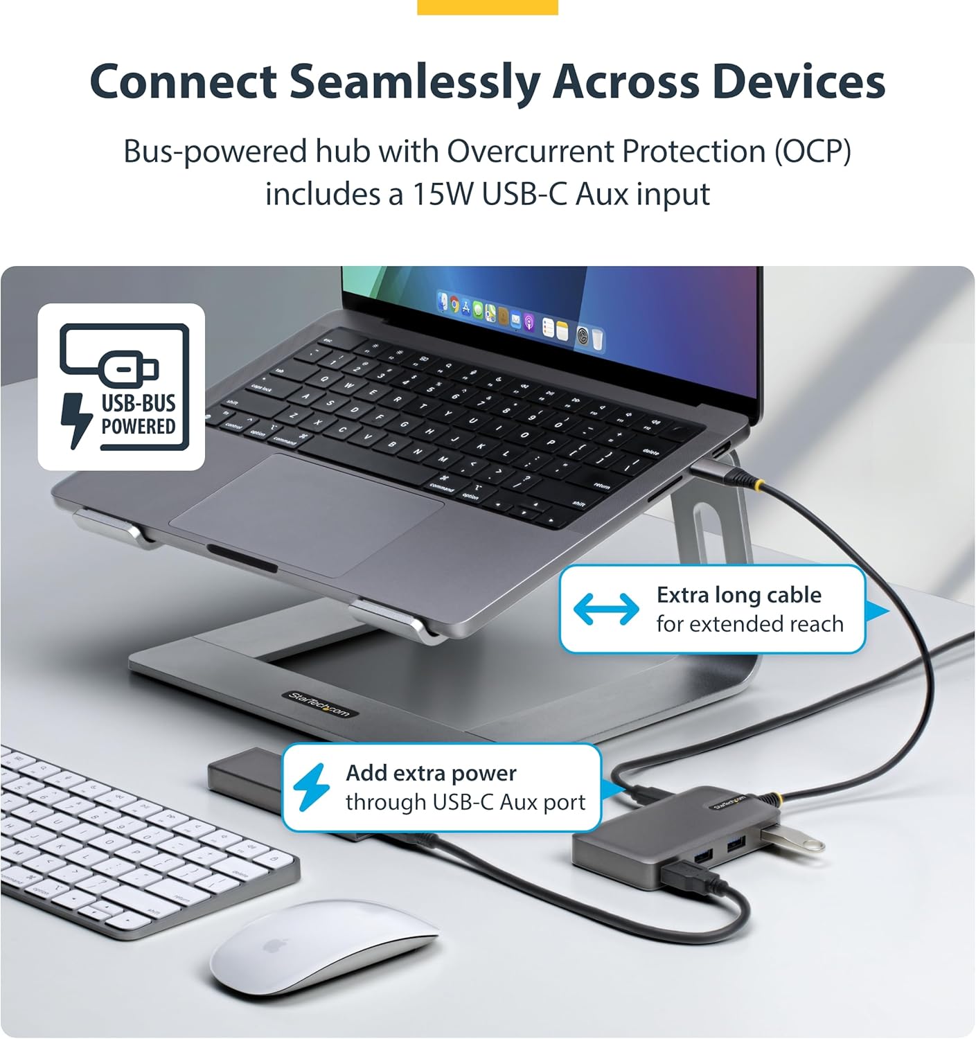 StarTech.com 4-Port USB-C Hub, 5Gbps, Bus Powered, Type-C to 4X Type-A with USB-C Auxiliary Power Input, Portable Hub