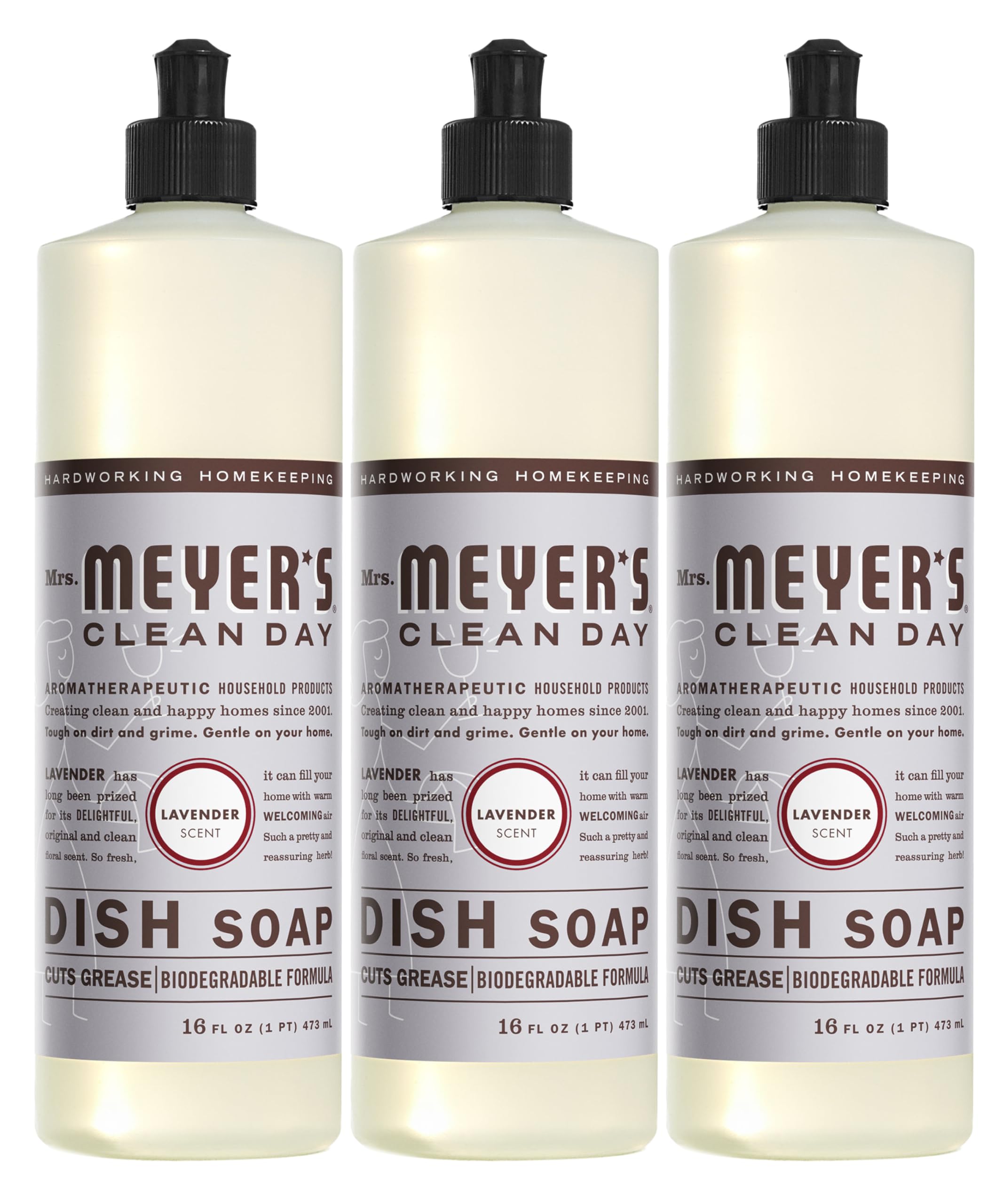 MRS. MEYER'S CLEAN DAY Liquid Dish Soap, Biodegradable Formula, Lavender, 16 fl. oz - Pack of 3 Lavender 48 Fl Oz (Pack of 1)