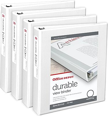 Office Depot® Brand Durable View 3-Ring Binder, 1 1/2" Round Rings, White, Pack Of 4