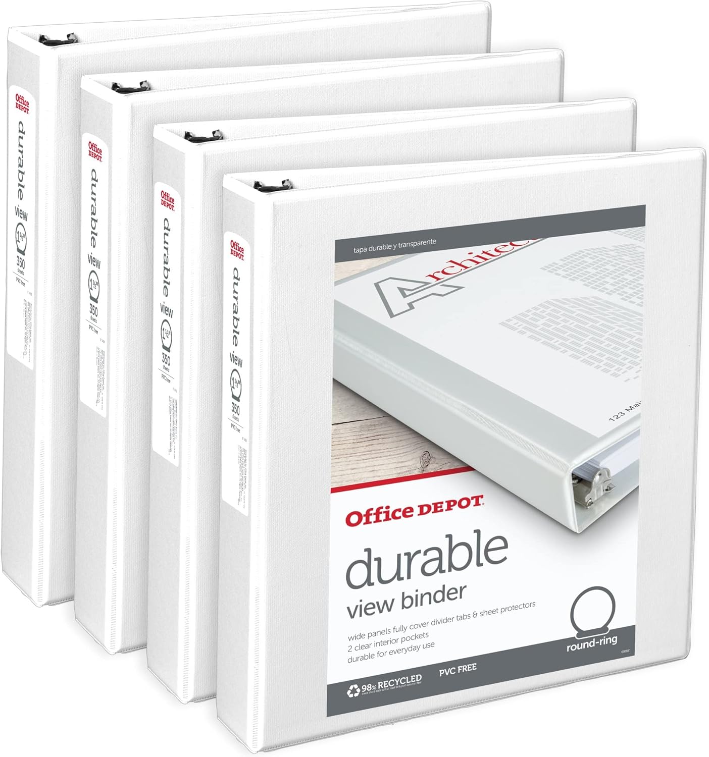 Office Depot® Brand Durable View 3-Ring Binder, 1 1/2" Round Rings, White, Pack Of 4