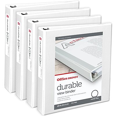 Office Depot® Brand Durable View 3-Ring Binder, 1 1/2" Round Rings, White, Pack Of 4