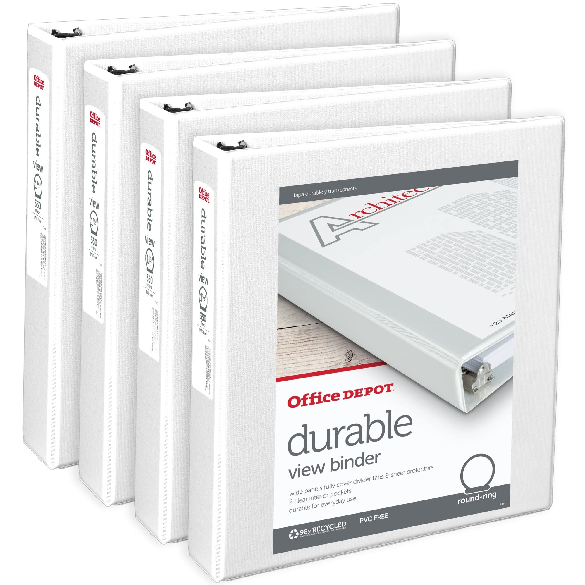Office Depot® Brand Durable View 3-Ring Binder, 1 1/2" Round Rings, White, Pack Of 4