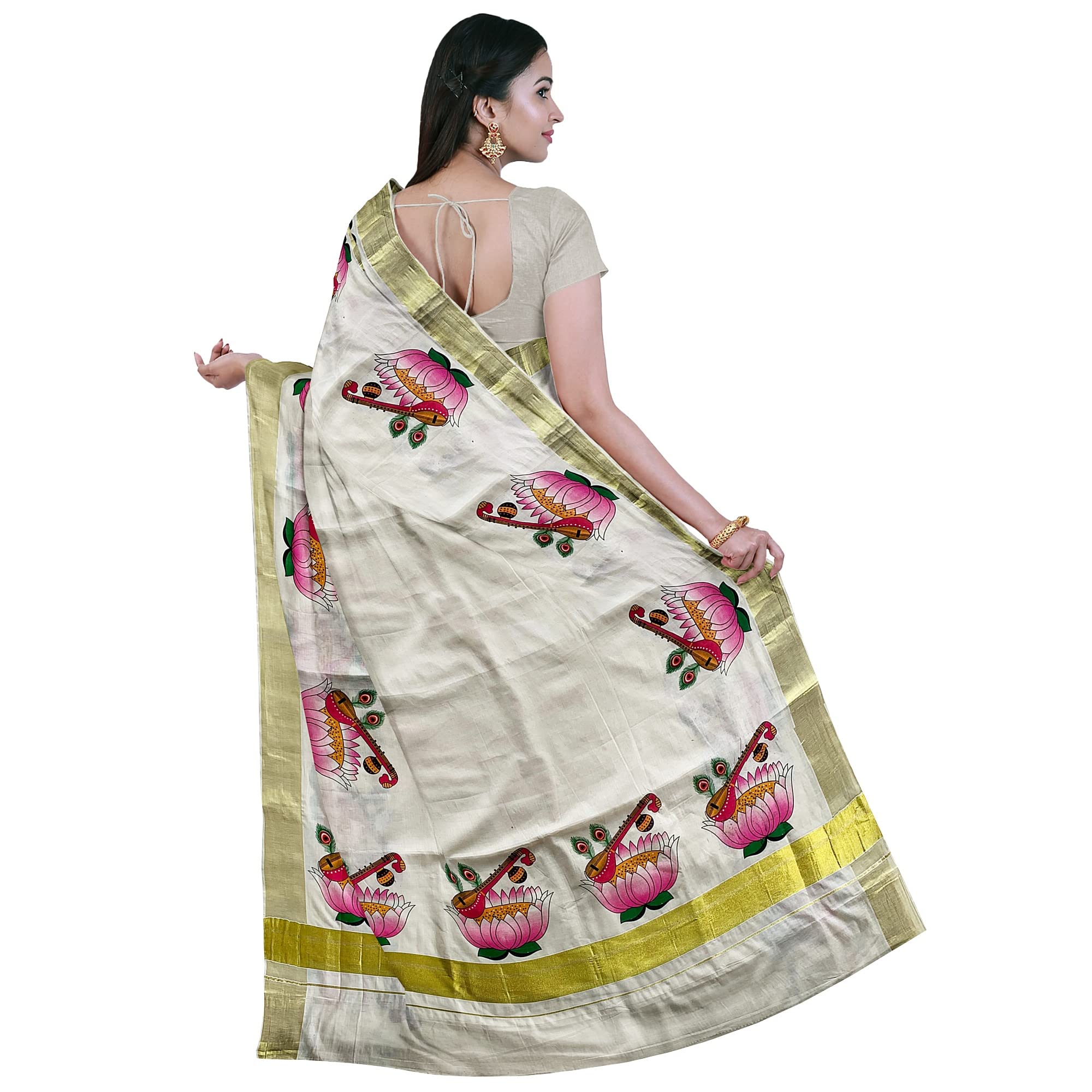 Kuthampully Kerala Sarees For Women | Printed Onam Saree For Women | Multicolor Tissue Mural Cotton Saree | Traditional South Indian Sarees | Authentic Women's Zari Kasavu | EKM-486 | Pack Of 1