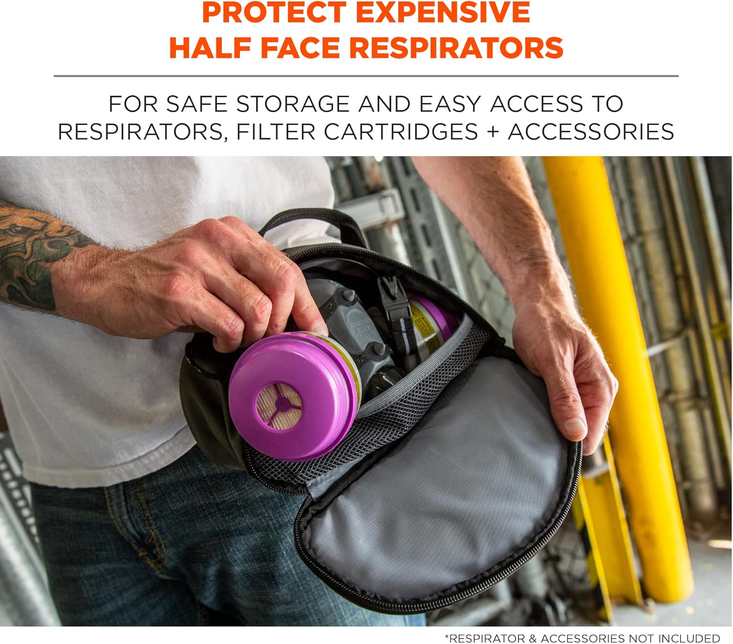 Ergodyne Arsenal 5187 Respirator Mask Storage Bag, Fits Half Face Respirators, Clamshell Design, Loop Attachment Gray