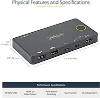 StarTech.com 2 Port Hybrid USB-A + HDMI & USB-C KVM Switch - Single 4K 60Hz HDMI 2.0 Monitor