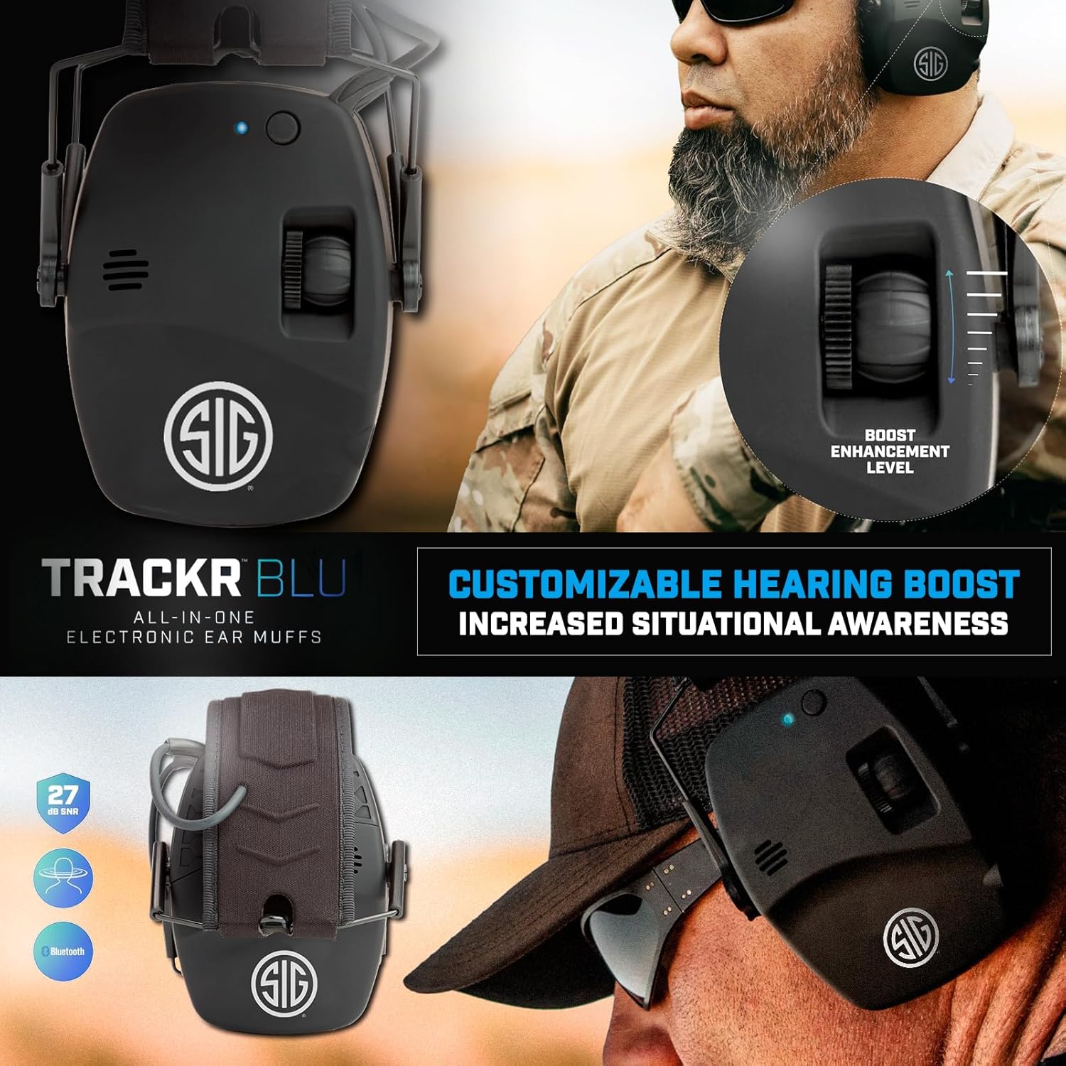AXIL x SIG SAUER TRACKR Blu Electronic Ear Muffs | 27dB SNR / 21dB NRR Compact Lightweight Water-Resistant Tactical Shooting
