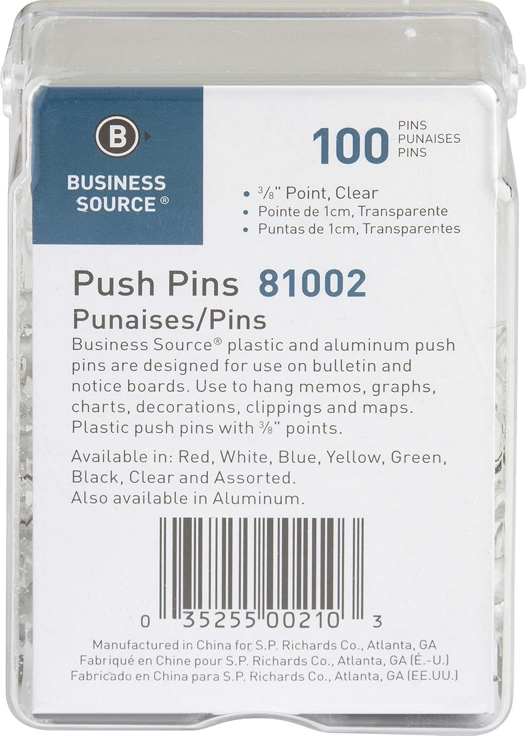 Business Source 1/2" Head Push Pins, Clear - Box of 100