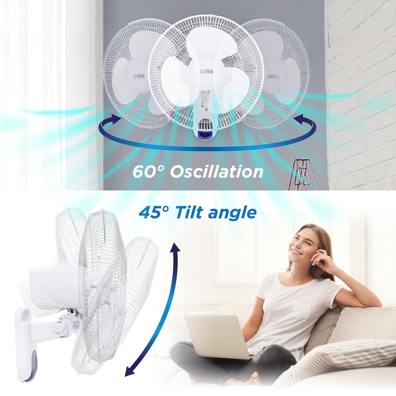 Commercial Cool 16in Adjustable Wall Fan With Remote, 18inH x 17inW x 12inD, White