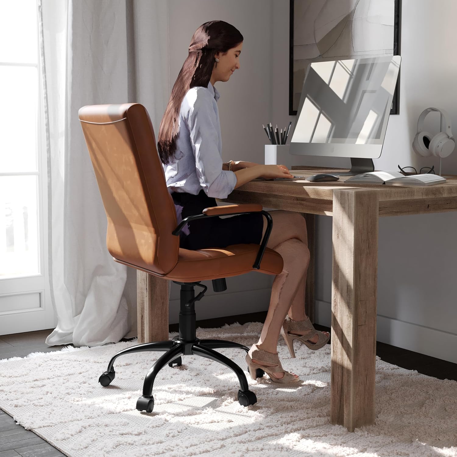 Flash Furniture Whitney Mid-Back Swivel LeatherSoft Desk Chair with Padded Seat and Armrests