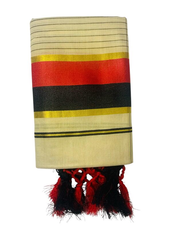 Women's Kuthampully Kerala Kasavu Set mundu Tissue with Kunjam | Kerala Tissue set mundu latest collections | Kuthampully Stripe Kasavu set mundu - Multi Color KTM-902 (Black)