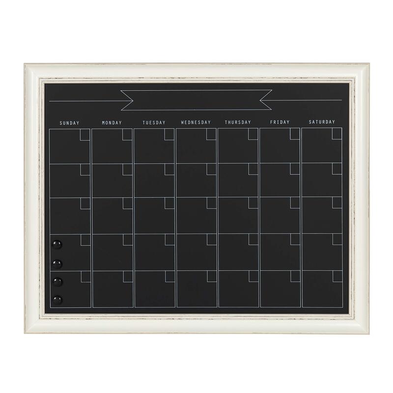 Kate and Laurel Macon Magnetic Framed Chalkboard Monthly Calendar, 22-15/16in x 28-15/16in, Black, White Plastic Frame