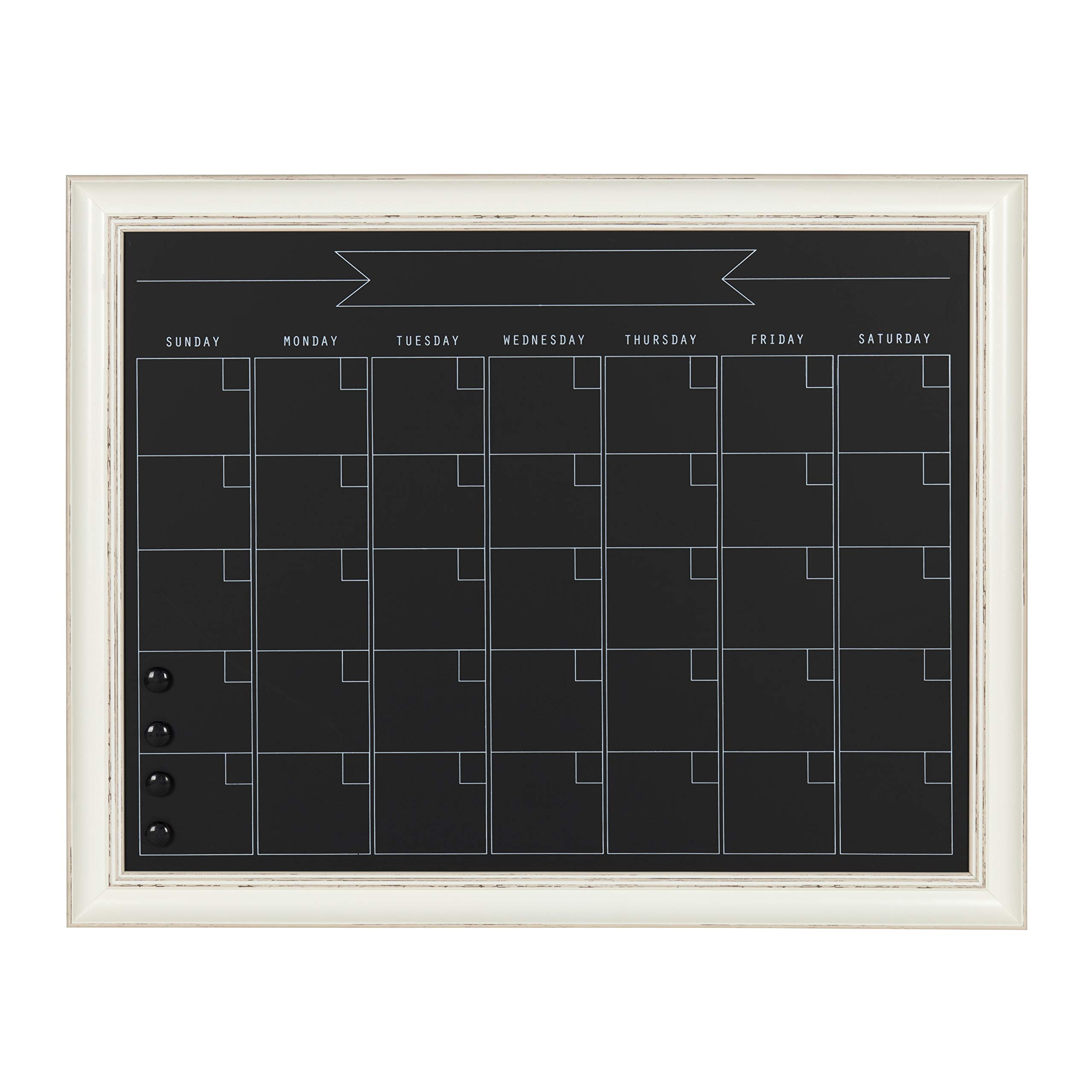 Kate and Laurel Macon Magnetic Framed Chalkboard Monthly Calendar, 22-15/16in x 28-15/16in, Black, White Plastic Frame