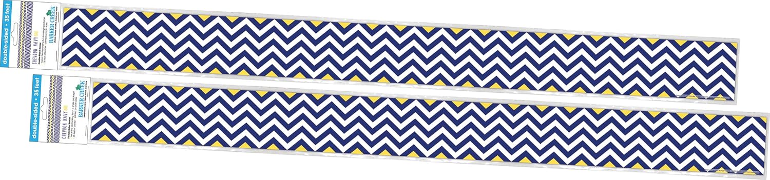Barker Creek Double-Sided Border 2-Pack, Navy & Yellow Chevron, Decorate Galore with 70' of Border