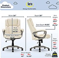 Serta Executive Office Chair, Adjustable Ergonomic Computer Chair with Layered Body Pillows, Waterfall Seat Edge, Bonded Leather, Ivory White
