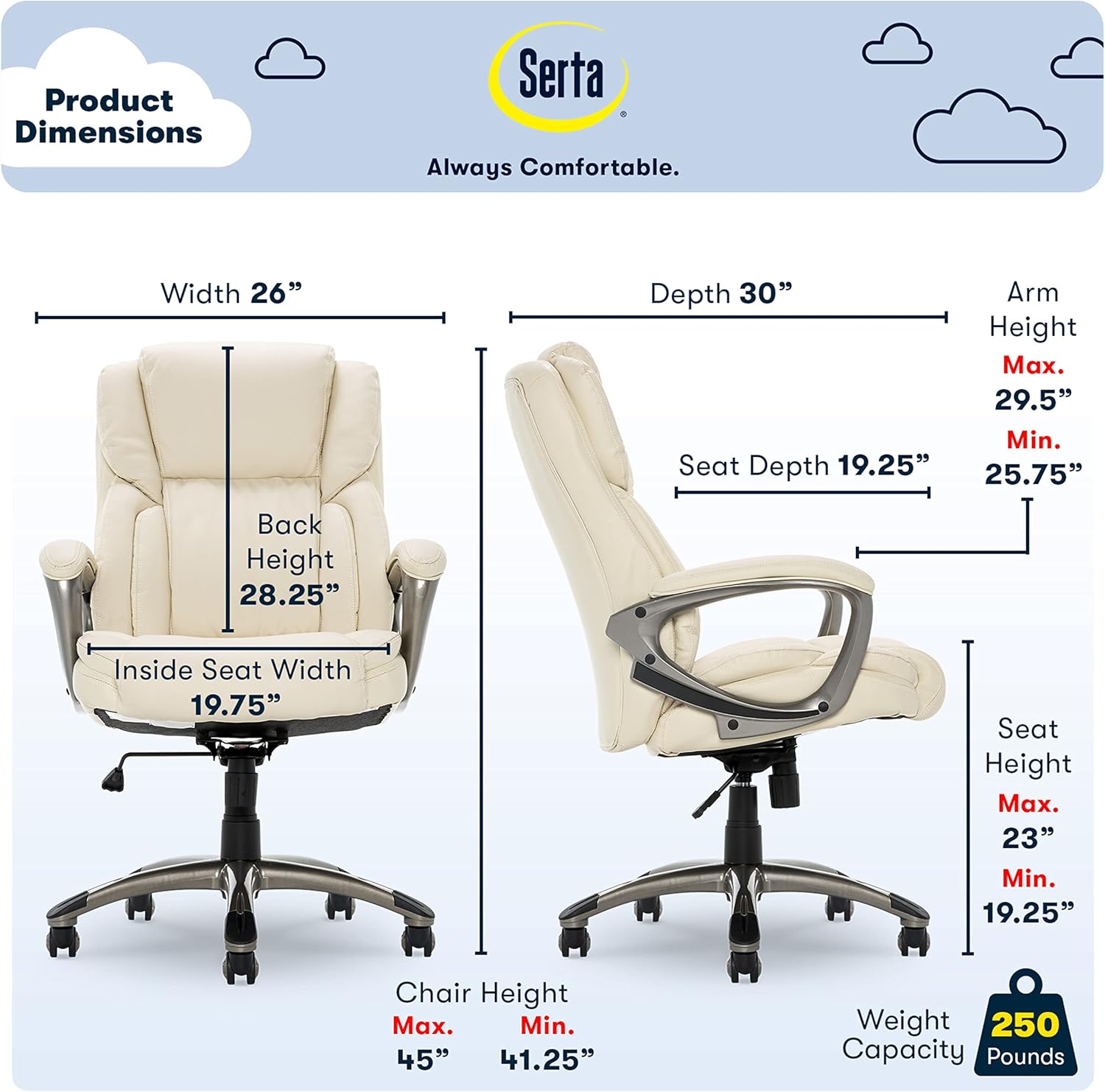 Serta Executive Office Chair, Adjustable Ergonomic Computer Chair with Layered Body Pillows, Waterfall Seat Edge