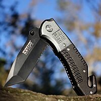 CAMPCO HUMVEE Tactical Recon 8 Pocket Knife with Spring Assist, Tactical Gear, Folding Knife, Serrated Stainless Steel Blade, Pocket Clip, Survival Knife, EDC, Black Handle, Combo Edge