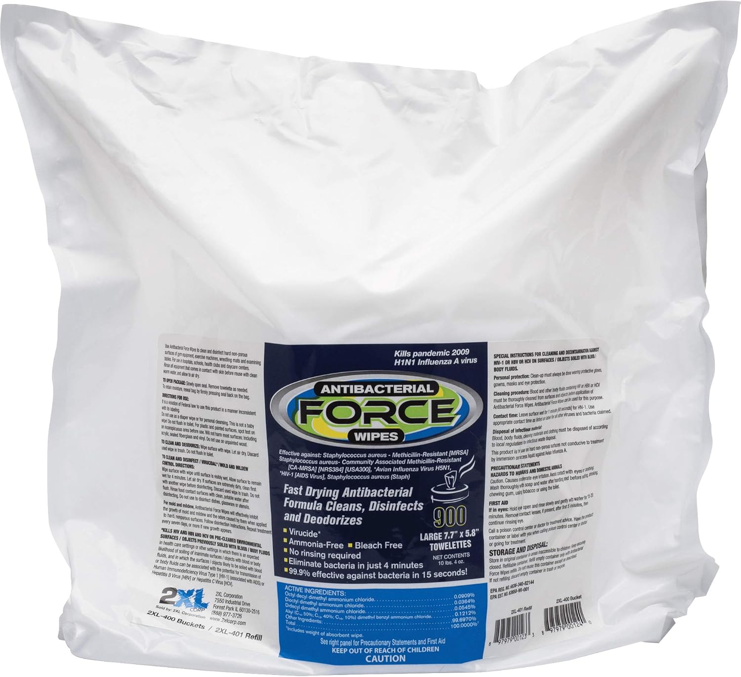 2XL Antibacterial Force Bucket Refill Cleaning Wipe, 6" x 8", White