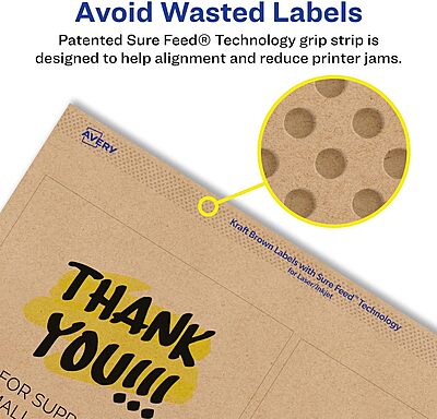 Avery Kraft Brown Square Labels, Sure Feed Technology, 4" x 4", 60 Kraft Brown Labels, Laser/Inkjet Printable 60 labels