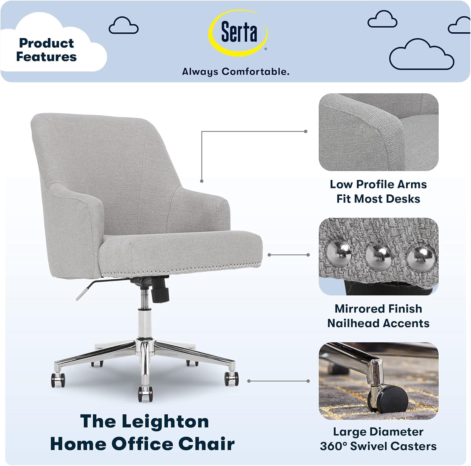 Serta Leighton Home Office Memory Foam, Height-Adjustable Desk Accent Chair with Chrome-Finished Stainless-Steel Base